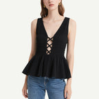 Fashionable and Sexy Black Cross-Strap V-Neck Ruffled Top