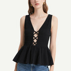 Fashionable and Sexy Black Cross-Strap V-Neck Ruffled Top