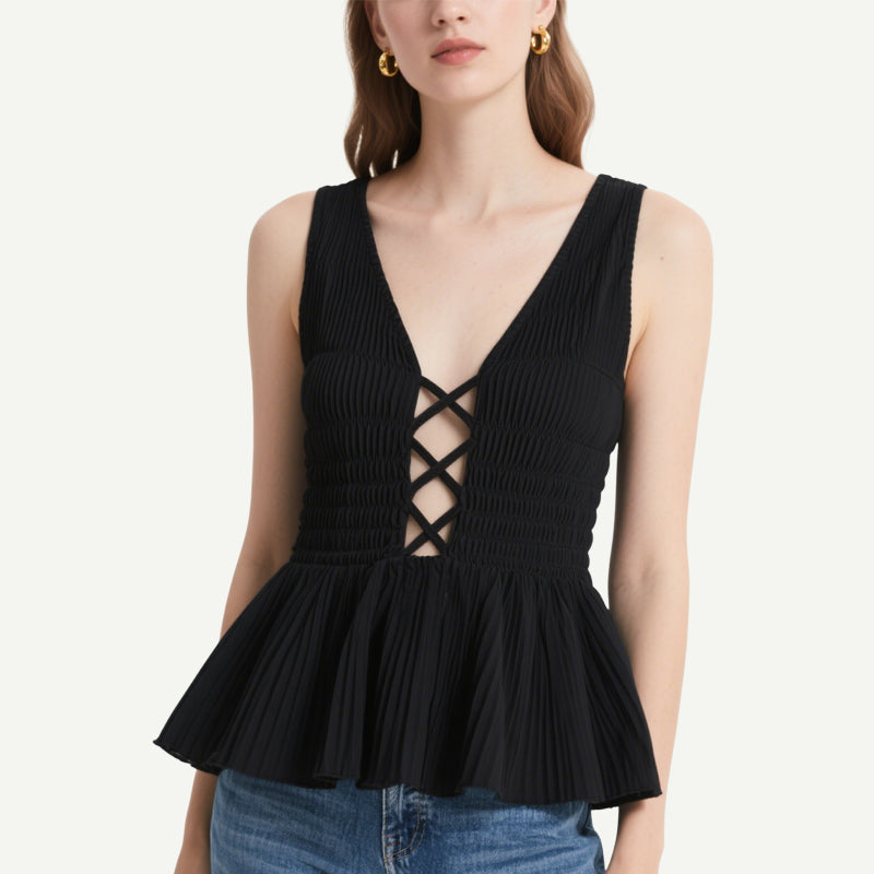 Fashionable and Sexy Black Cross-Strap V-Neck Ruffled Top