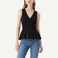 Classic and Versatile Black V-Neck Pleated Waist Sleeveless Top