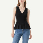 Classic and Versatile Black V-Neck Pleated Waist Sleeveless Top