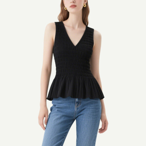 Classic and Versatile Black V-Neck Pleated Waist Sleeveless Top