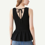 Classic and Versatile Black V-Neck Pleated Waist Sleeveless Top