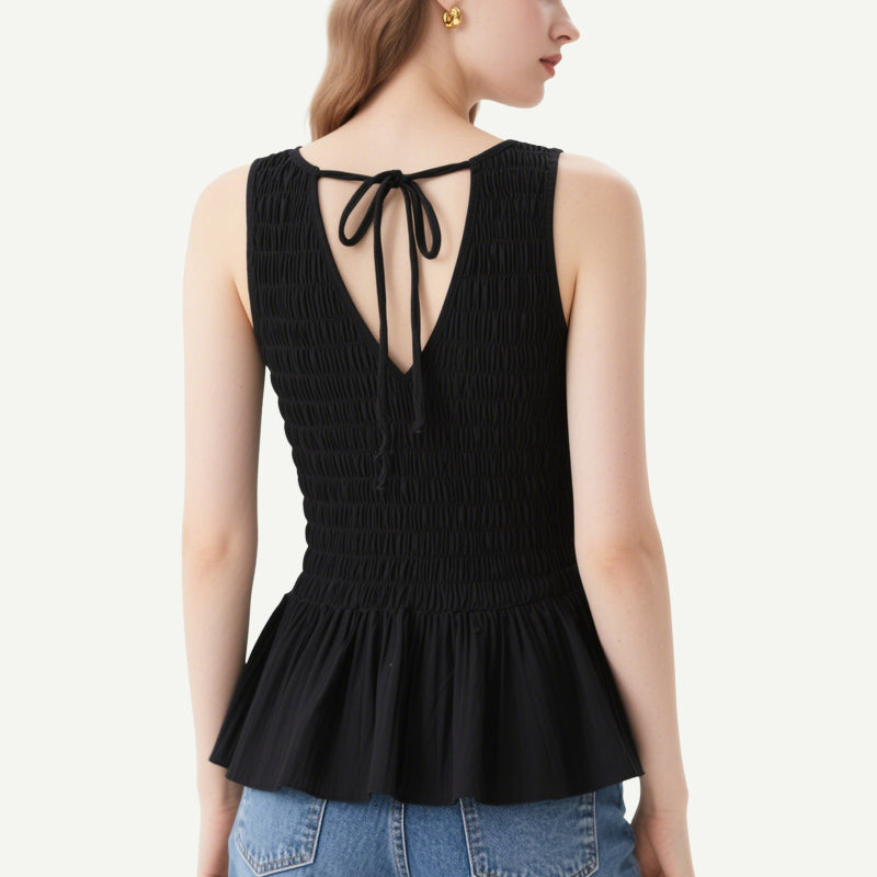 Classic and Versatile Black V-Neck Pleated Waist Sleeveless Top
