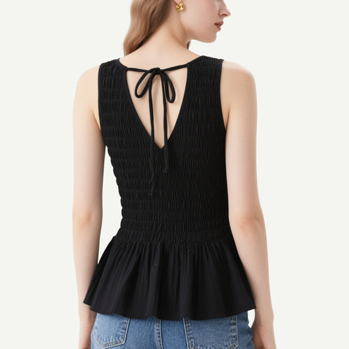 Classic and Versatile Black V-Neck Pleated Waist Sleeveless Top