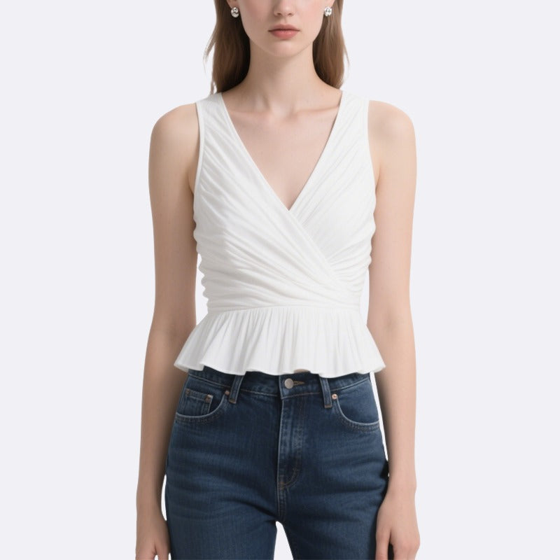 Elegant Lady Cross-Pleated V-Neck Ruffled Top