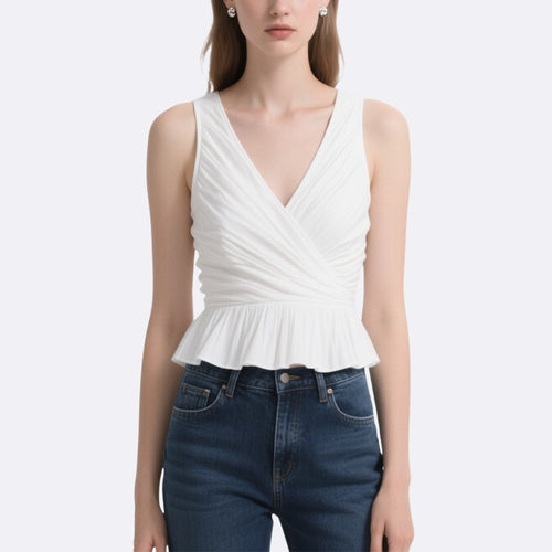 Elegant Lady Cross-Pleated V-Neck Ruffled Top