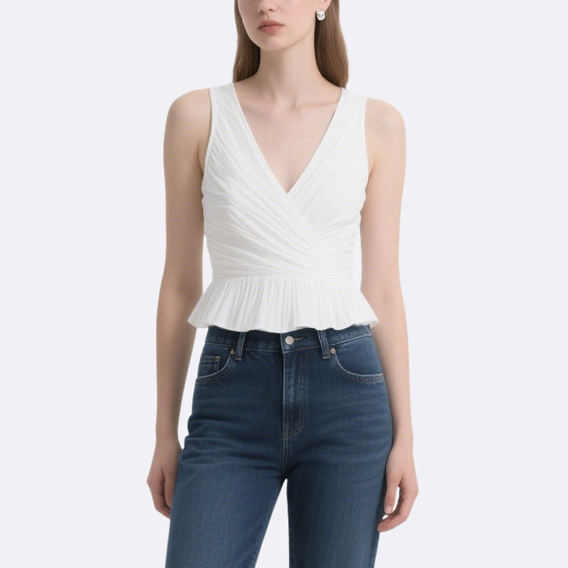 Elegant Lady Cross-Pleated V-Neck Ruffled Top