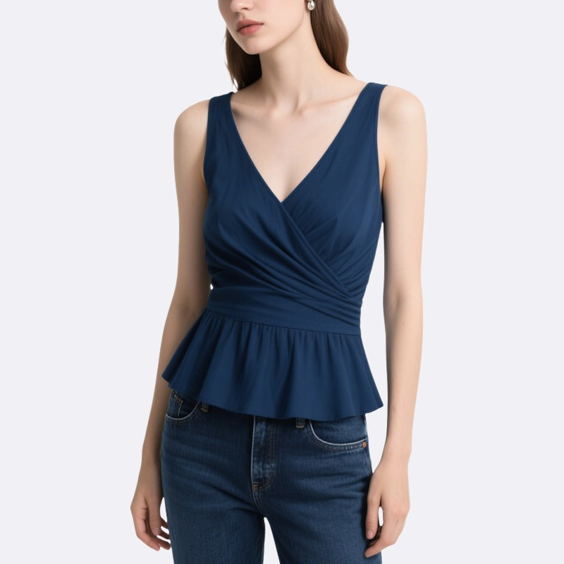 Elegant Lady Cross-Pleated V-Neck Ruffled Top
