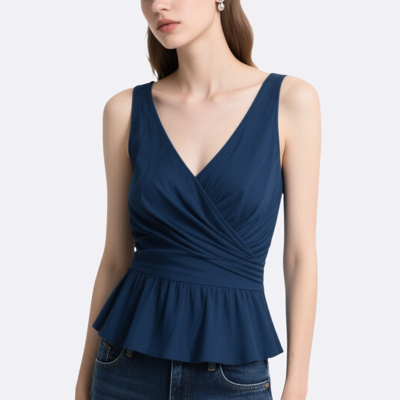 Elegant Lady Cross-Pleated V-Neck Ruffled Top