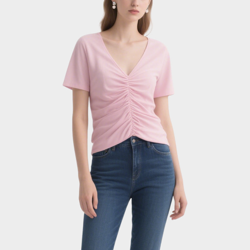 Simple and Fashionable Pink Pleated V-Neck Short-Sleeved Top