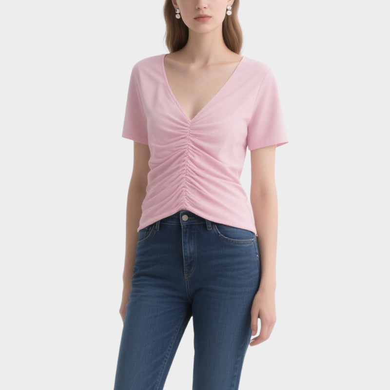 Simple and Fashionable Pink Pleated V-Neck Short-Sleeved Top