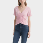 Simple and Fashionable Pink Pleated V-Neck Short-Sleeved Top