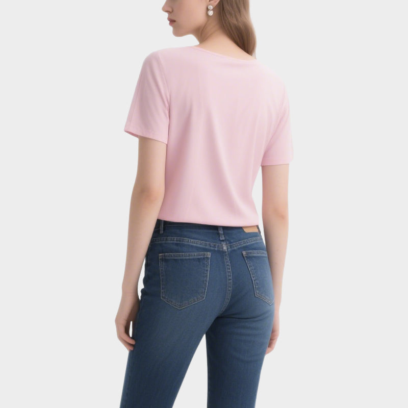Simple and Fashionable Pink Pleated V-Neck Short-Sleeved Top