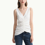 Fresh and Soft White V-Neck Pleated Slim Sleeveless Top