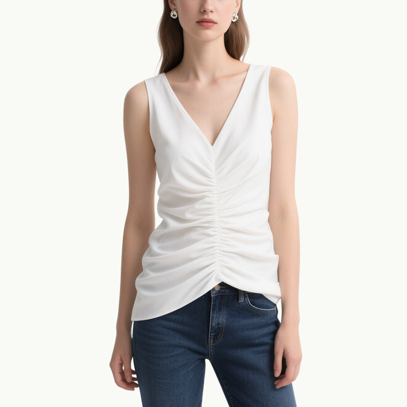 Fresh and Soft White V-Neck Pleated Slim Sleeveless Top