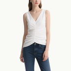 Fresh and Soft White V-Neck Pleated Slim Sleeveless Top