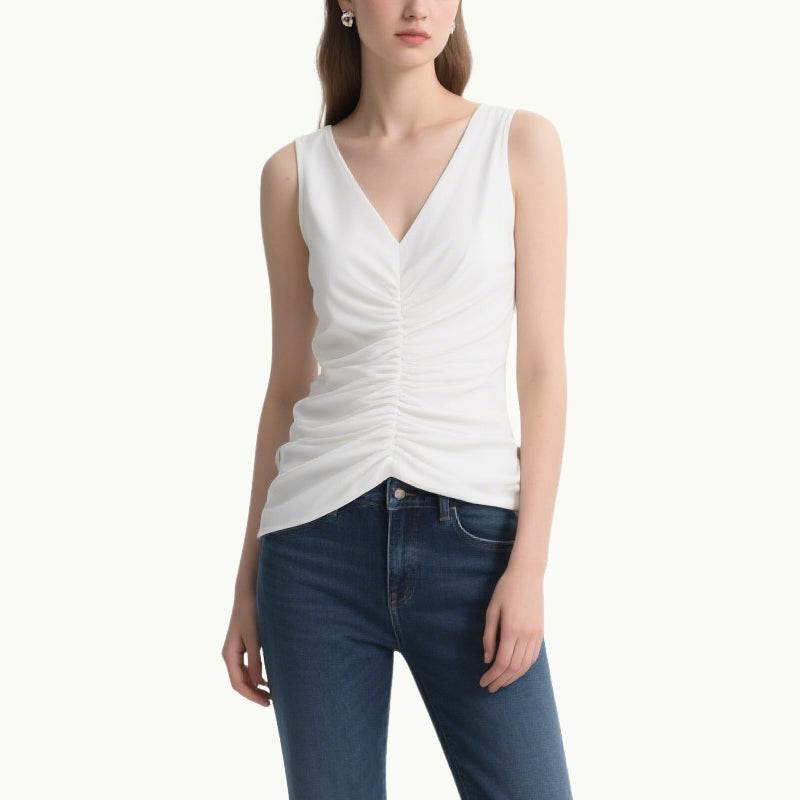 Fresh and Soft White V-Neck Pleated Slim Sleeveless Top