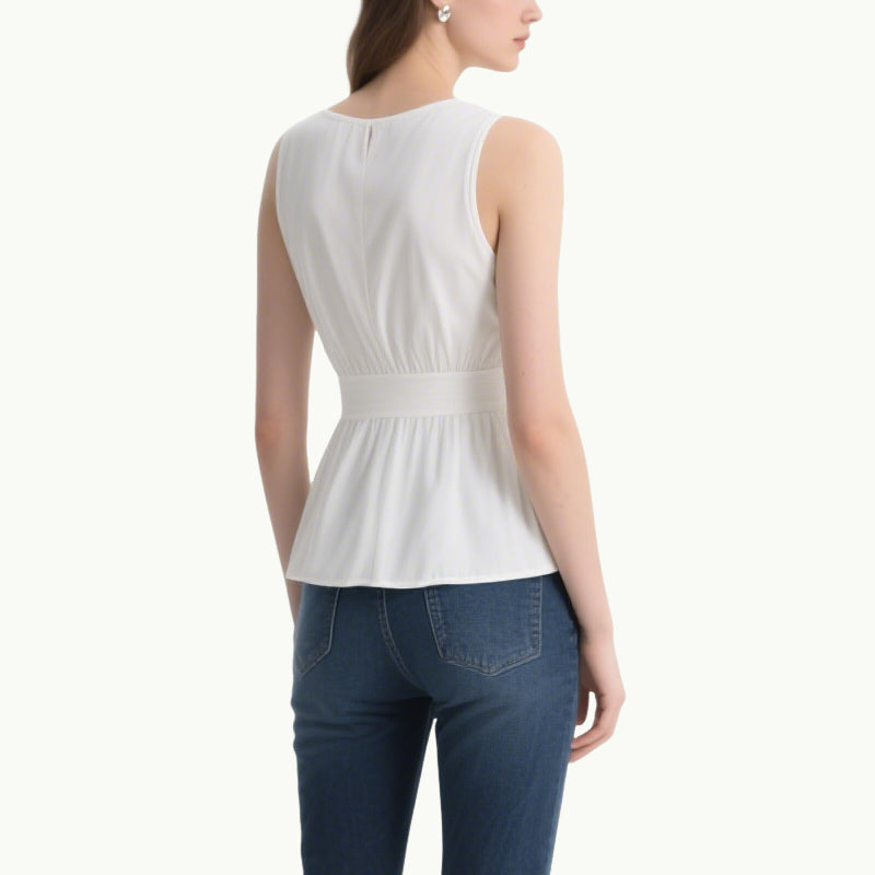 Fresh and Soft White V-Neck Pleated Slim Sleeveless Top