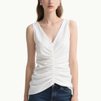 Fresh and Soft White V-Neck Pleated Slim Sleeveless Top