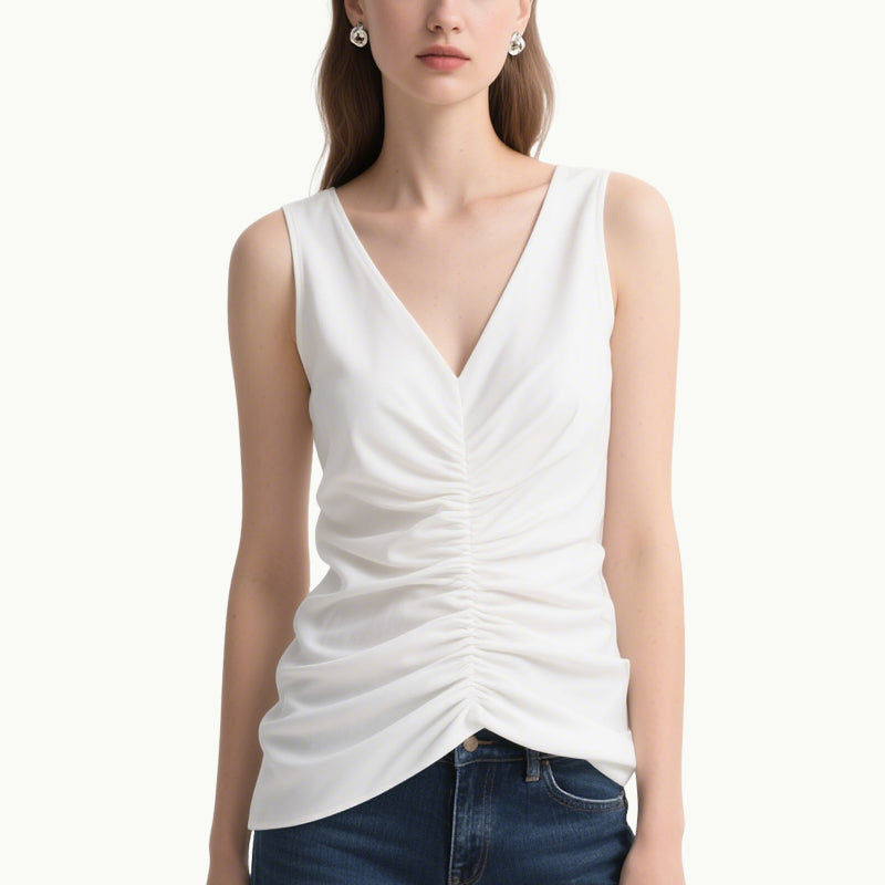 Fresh and Soft White V-Neck Pleated Slim Sleeveless Top