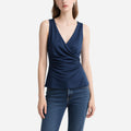 Simple and Elegant Navy Blue V-Neck Pleated Sleeveless Top