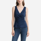 Simple and Elegant Navy Blue V-Neck Pleated Sleeveless Top