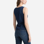 Simple and Elegant Navy Blue V-Neck Pleated Sleeveless Top