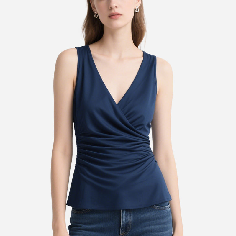 Simple and Elegant Navy Blue V-Neck Pleated Sleeveless Top