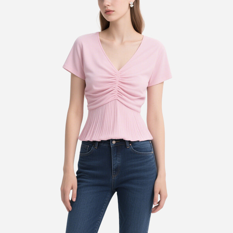 Simple and Elegant Pink V-Neck Pleated Short-Sleeved Slim T-Shirt