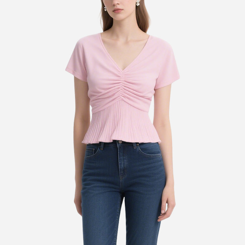 Simple and Elegant Pink V-Neck Pleated Short-Sleeved Slim T-Shirt