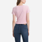 Simple and Elegant Pink V-Neck Pleated Short-Sleeved Slim T-Shirt