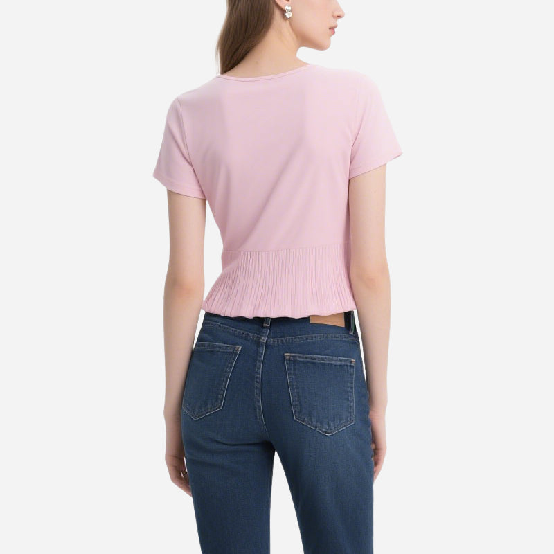 Simple and Elegant Pink V-Neck Pleated Short-Sleeved Slim T-Shirt