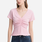 Simple and Elegant Pink V-Neck Pleated Short-Sleeved Slim T-Shirt