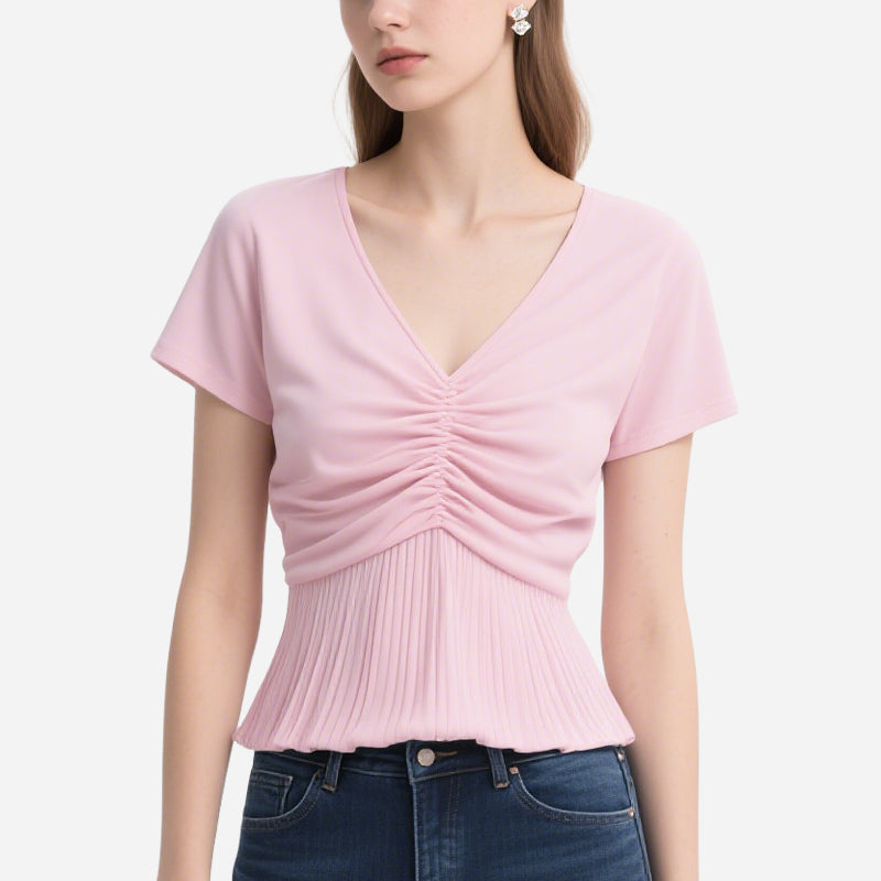 Simple and Elegant Pink V-Neck Pleated Short-Sleeved Slim T-Shirt