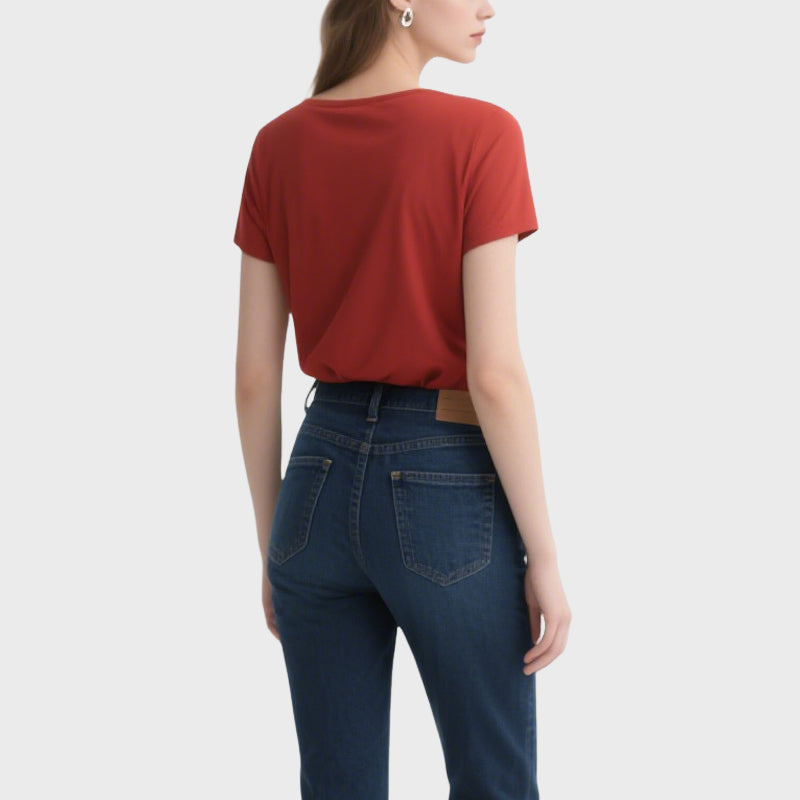 Fashionable and Vibrant Red V-Neck Pleated Short-Sleeved Top
