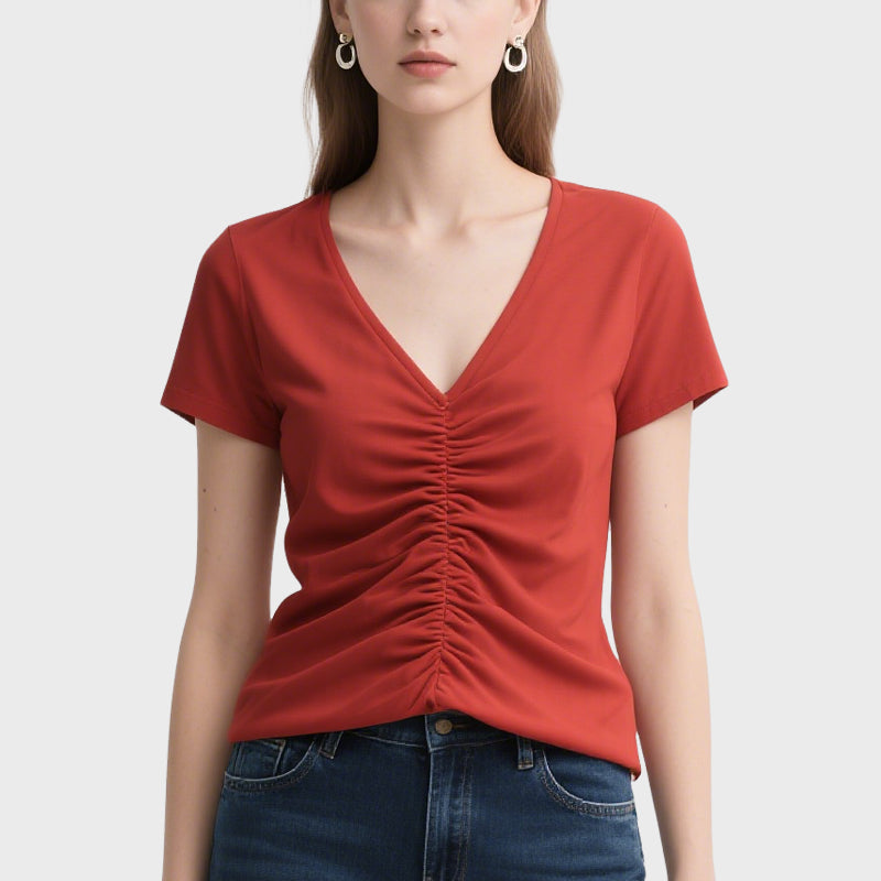 Fashionable and Vibrant Red V-Neck Pleated Short-Sleeved Top