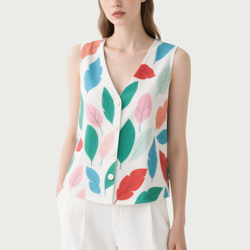 Fresh and Literary Style Colorful Leaf Print V-Neck Sleeveless Button-Down Top