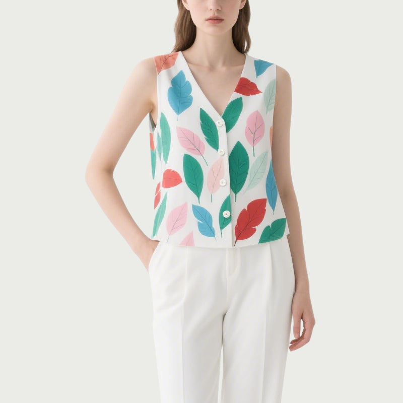 Fresh and Literary Style Colorful Leaf Print V-Neck Sleeveless Button-Down Top