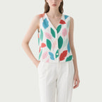 Fresh and Literary Style Colorful Leaf Print V-Neck Sleeveless Button-Down Top