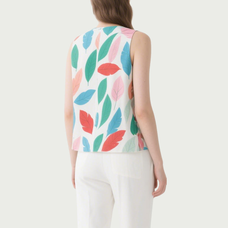 Fresh and Literary Style Colorful Leaf Print V-Neck Sleeveless Button-Down Top