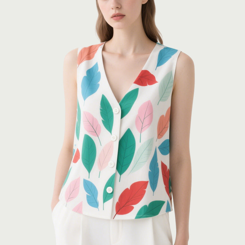 Fresh and Literary Style Colorful Leaf Print V-Neck Sleeveless Button-Down Top