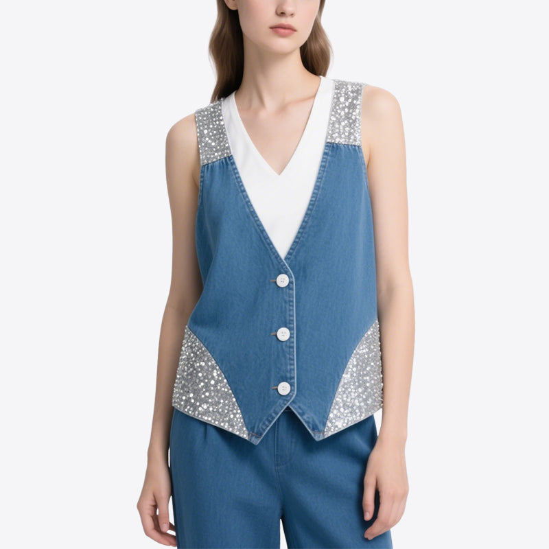 Personalized Trendy Denim Splicing Sequins V-Neck Sleeveless Vest