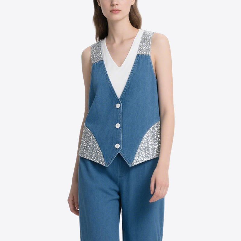 Personalized Trendy Denim Splicing Sequins V-Neck Sleeveless Vest