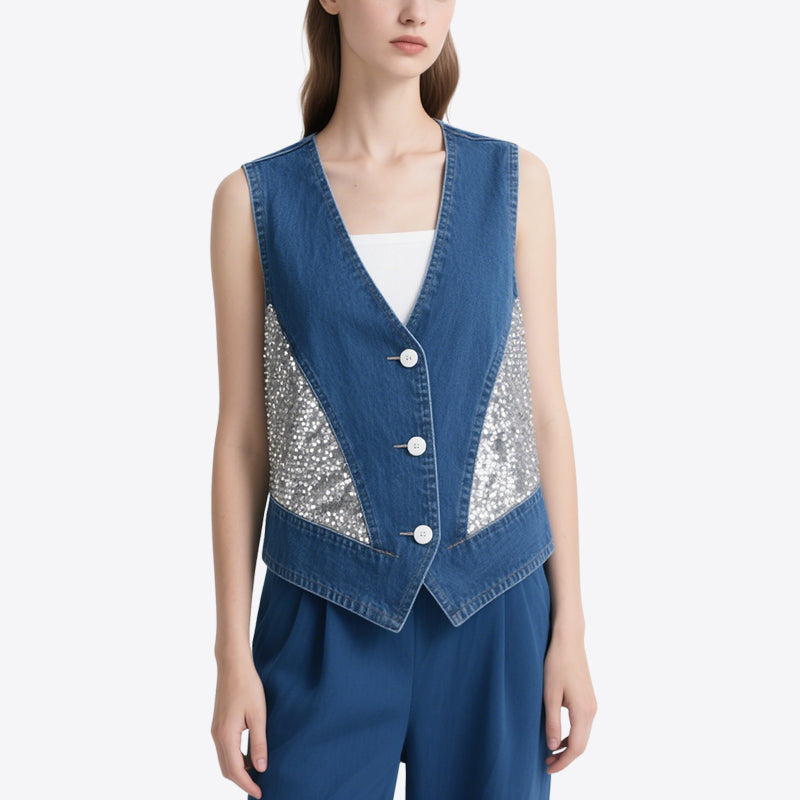 Personalized Trendy Denim Splicing Sequins V-Neck Sleeveless Vest