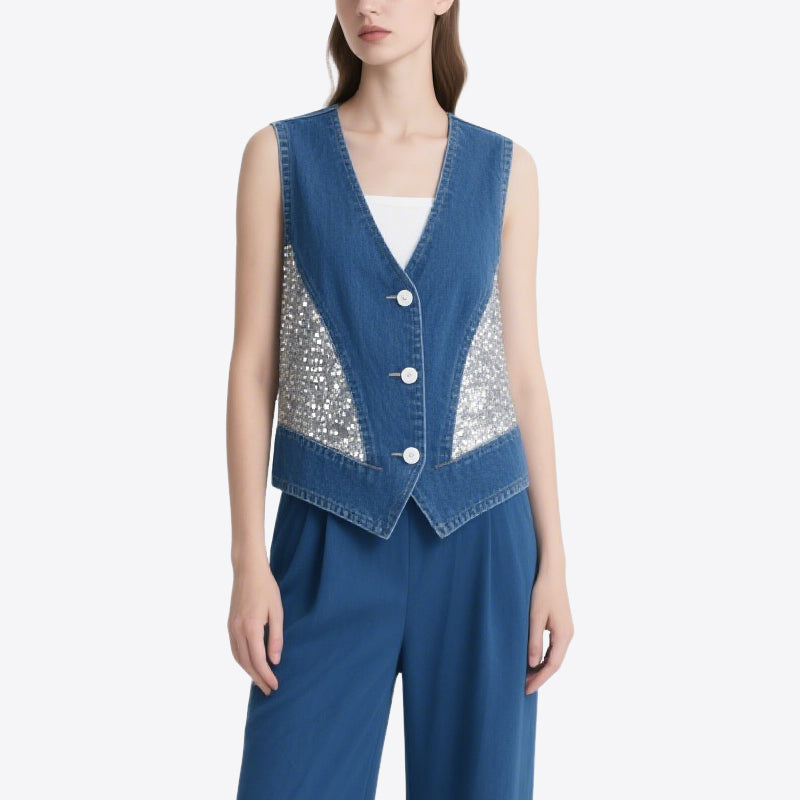 Personalized Trendy Denim Splicing Sequins V-Neck Sleeveless Vest