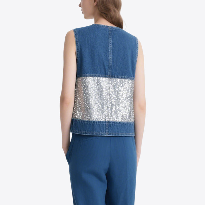 Personalized Trendy Denim Splicing Sequins V-Neck Sleeveless Vest