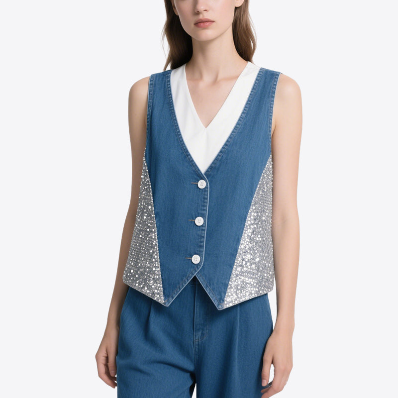 Personalized Trendy Denim Splicing Sequins V-Neck Sleeveless Vest