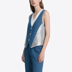 Personalized Trendy Denim Splicing Sequins V-Neck Sleeveless Vest