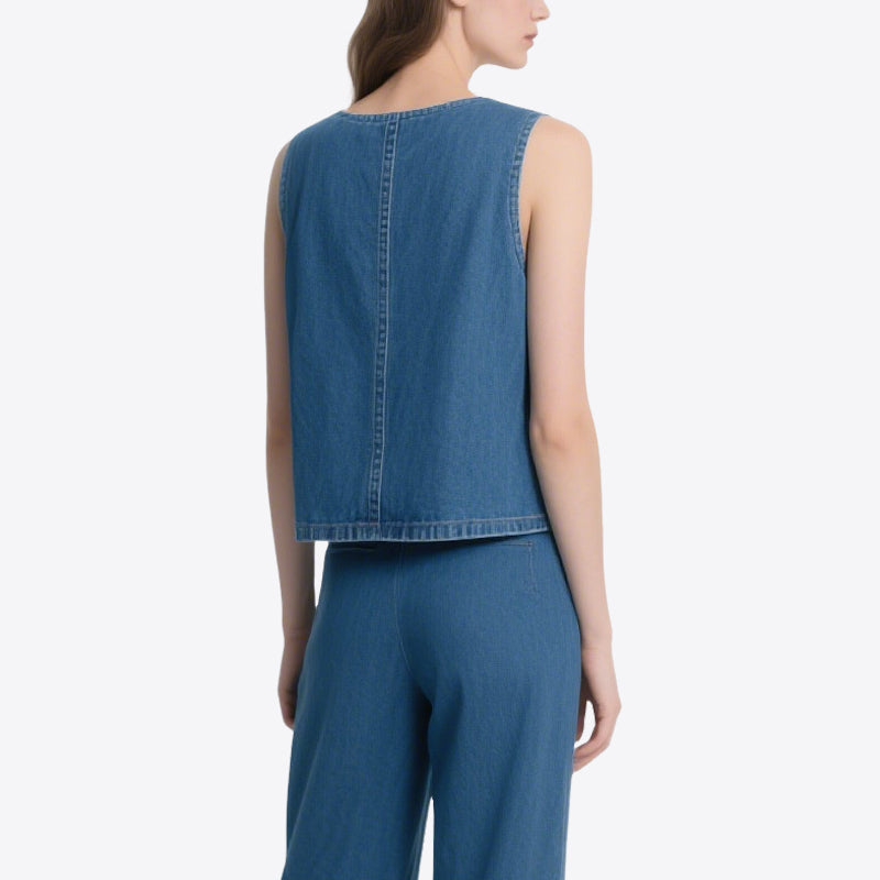 Personalized Trendy Denim Splicing Sequins V-Neck Sleeveless Vest